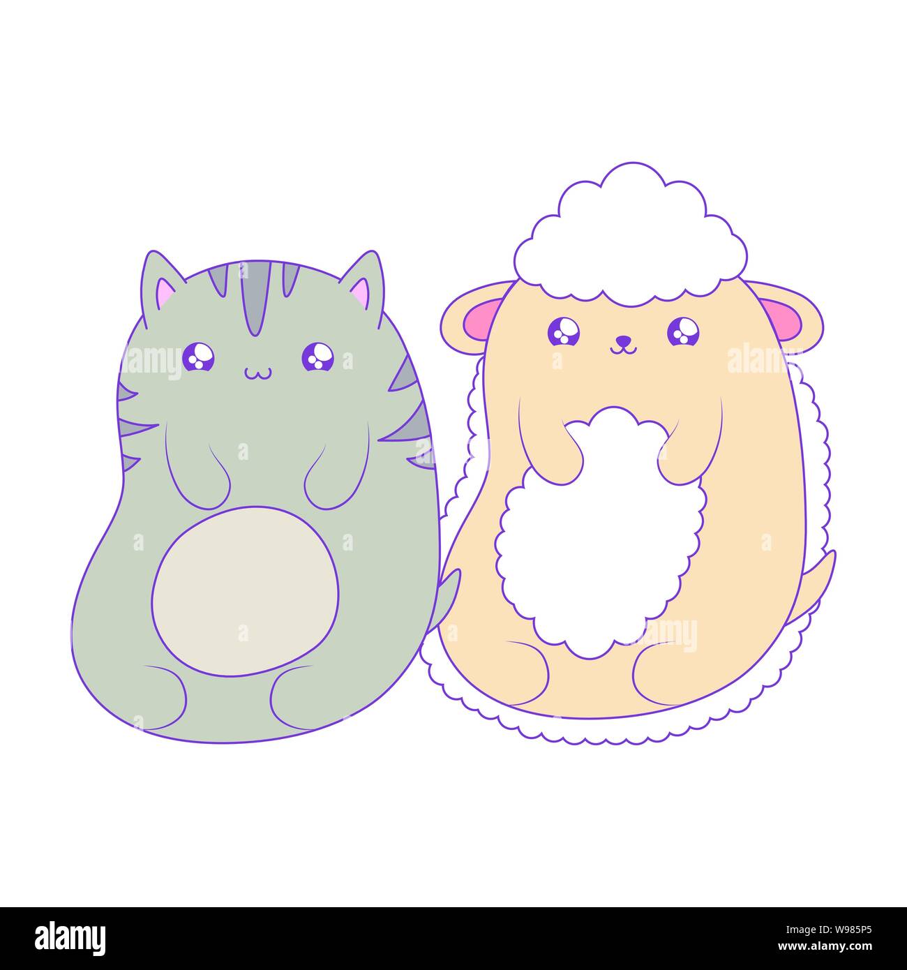 cute cat with sheep baby animals kawaii style vector illustration ...