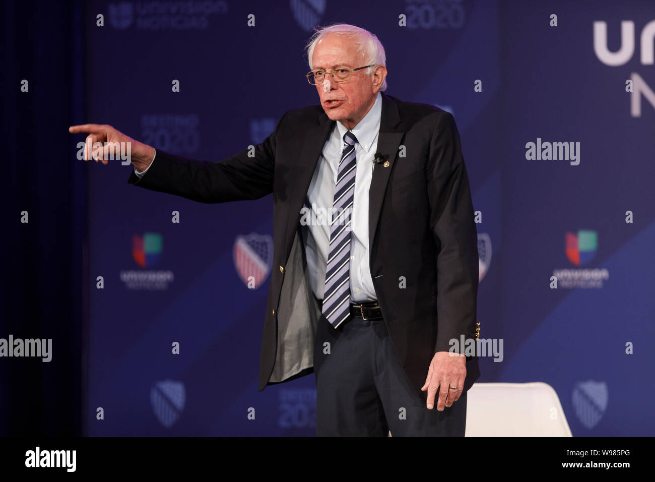 Senator Bernie Sanders, an independent from Vermont and 2020 presidential candidate, points while speaking on stage at an event Stock Photo