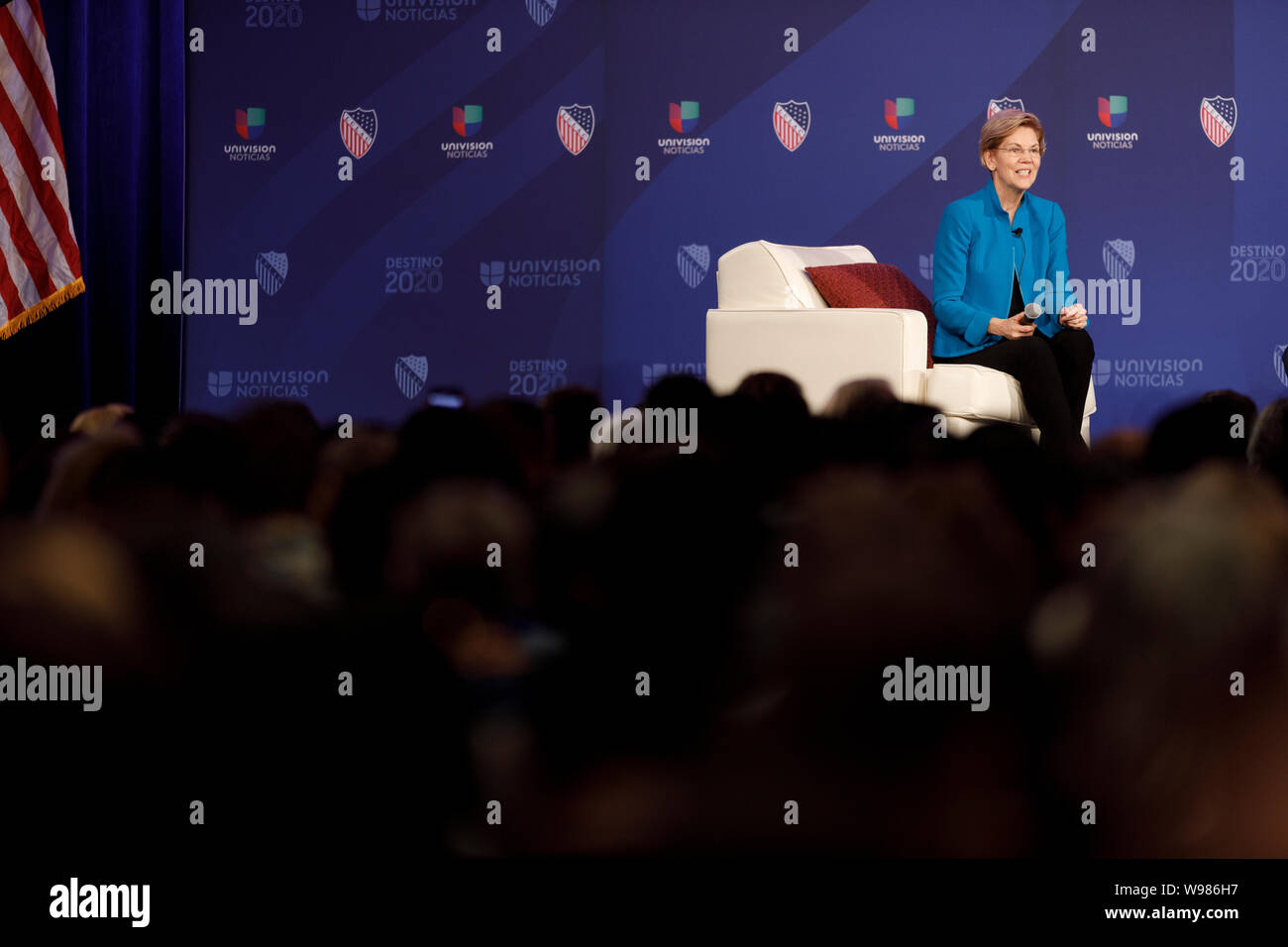 Senator Elizabeth Warren, a Democrat from Massachusetts and 2020 presidential candidate, speaks to the crowd during an event Stock Photo