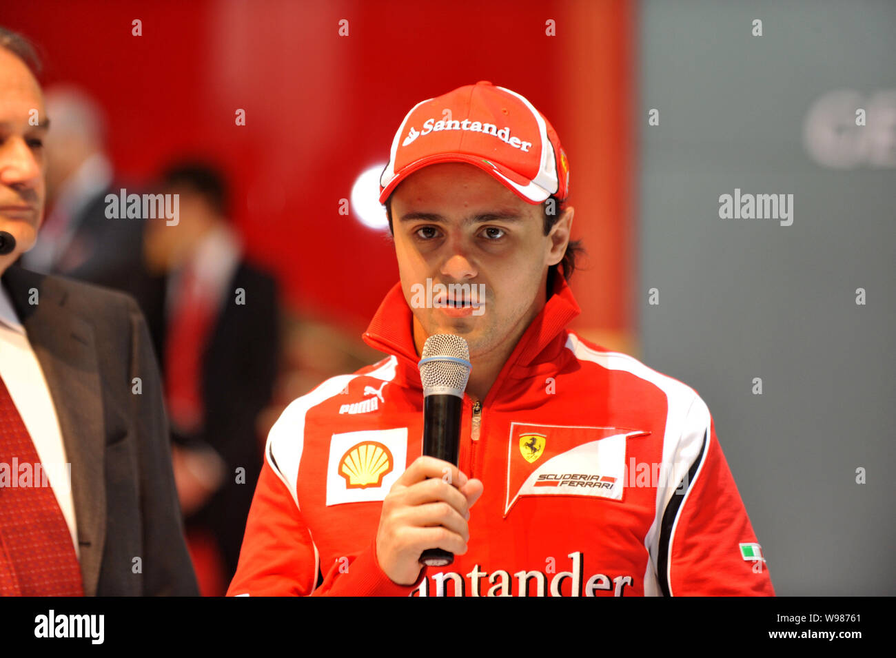 Brazilian F1 driver Felipe Massa of Ferrari speaks during the Chinese premiere ceremony of the Ferrari FF at the 14th Shanghai International Automobil Stock Photo
