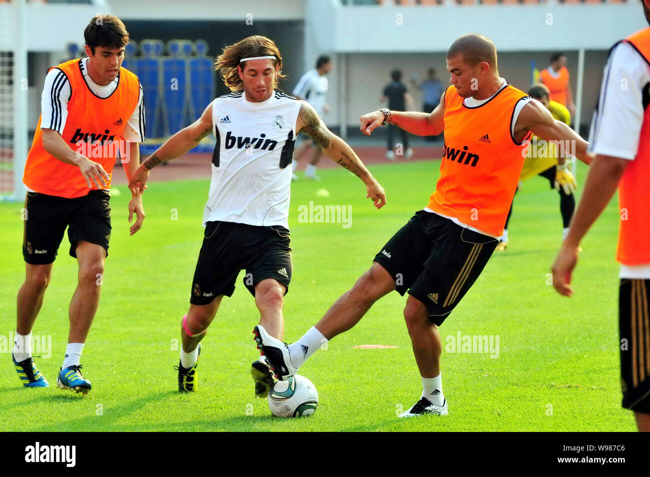 (From left) Ricardo Izecson Dos Santos Leite, known as Kaka, Sergio Ramos and Kepler Laveran Lima Ferreira, known as Pepe, of Real Madrid exercise dur Stock Photo