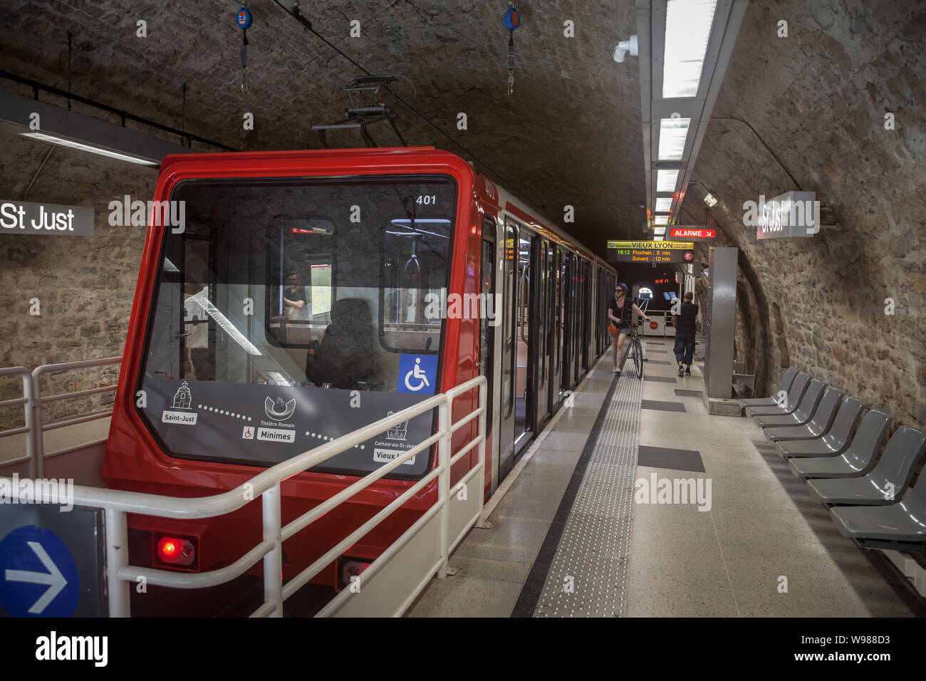 LYON, FRANCE - JULY 19, 2019: Lyon Funicular Railway train entering the station of St Just with tourists preparing to enter, before bringing them to V Stock Photo