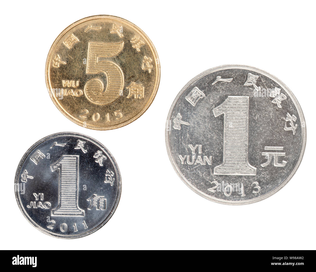 The Three most commonly used Chinese Coins isolated on a white background Stock Photo
