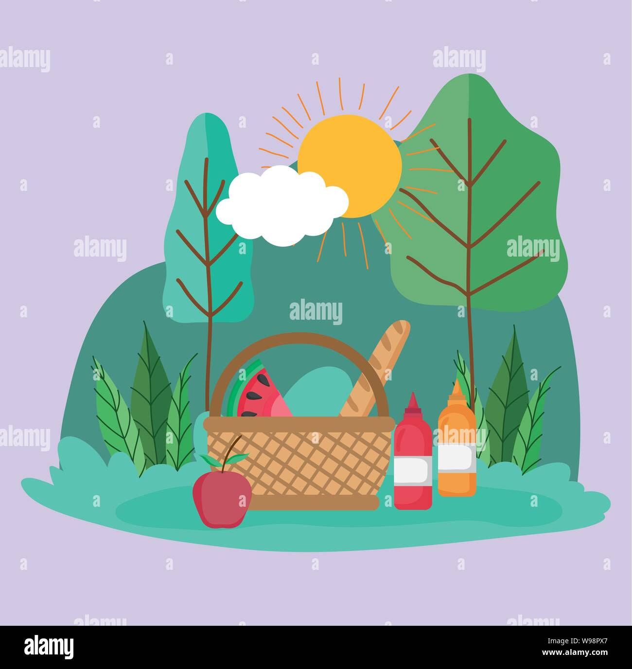 wicker basket food sauces picnic in the park vector illustration Stock ...
