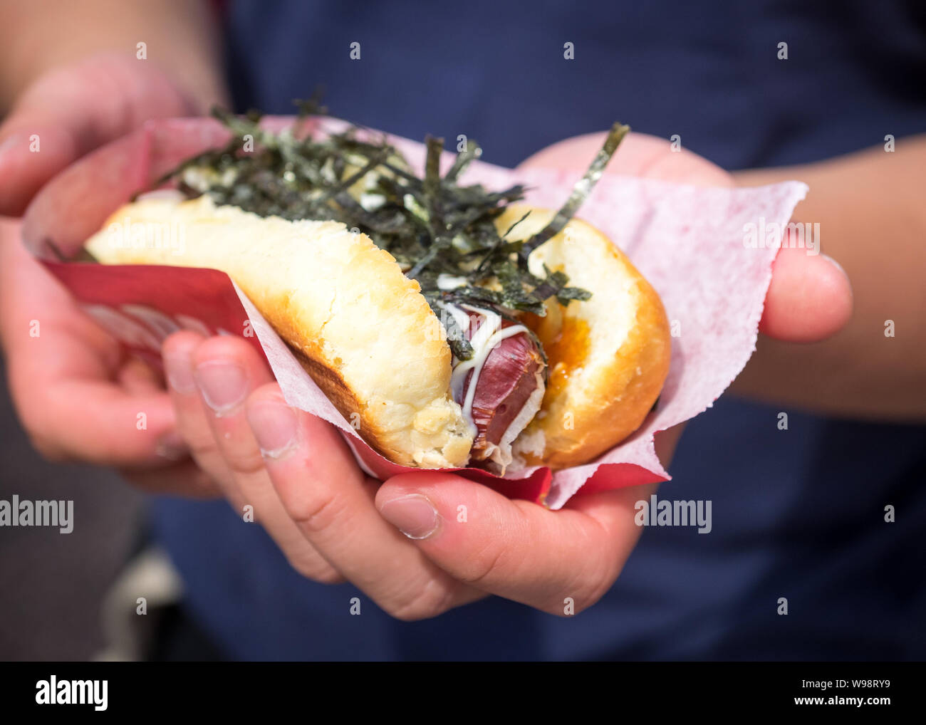 A terimayo JAPADOG, the signature hot dog of JAPADOG, a popular small chain of hot dog stands based in Vancouver, British Columbia, Canada. Stock Photo
