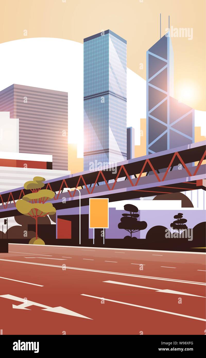 highway road to city skyline with modern skyscrapers and subway ...