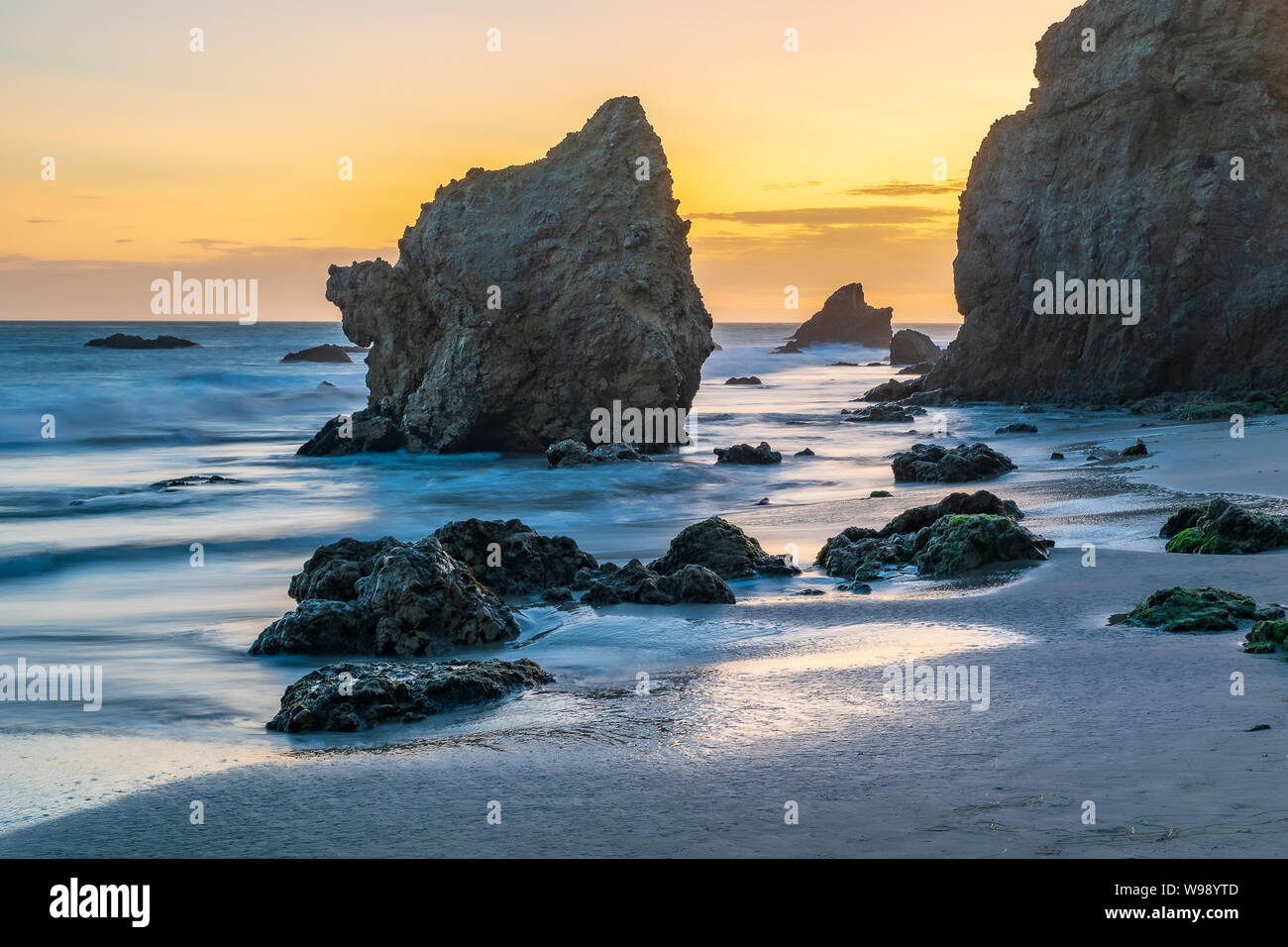 El Matador Beach in Malibu, California, is a popular photography location thanks to abundant natural rock formations and breathtaking sunset views. Stock Photo