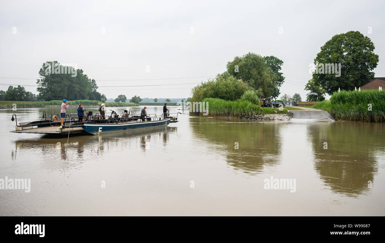 Leer, Germany. 11th July, 2019. A view of the hand-drawn ferry 'Pünte', which is pulled from one bank to the other by two ferrymen on the river 'Jümme' with their hands on a rope. Thanks to the power of the tides and strong muscles, a small ferry crosses the Jümme River in East Frisia. Credit: Mohssen Assanimoghaddam/dpa/Alamy Live News Stock Photo