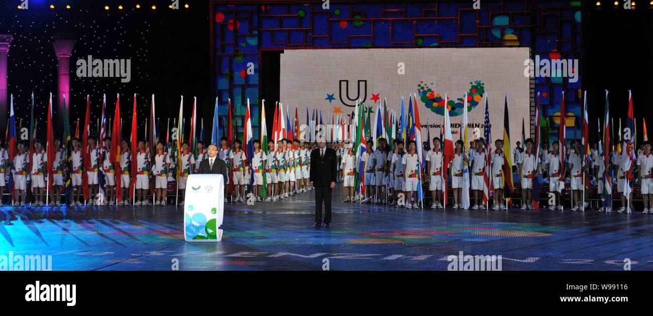 Vice president of the International University Sports Federation (FISU) Xu Qin speaks at the closing ceremony of 26th Summer Universiade in Shenzhen, Stock Photo