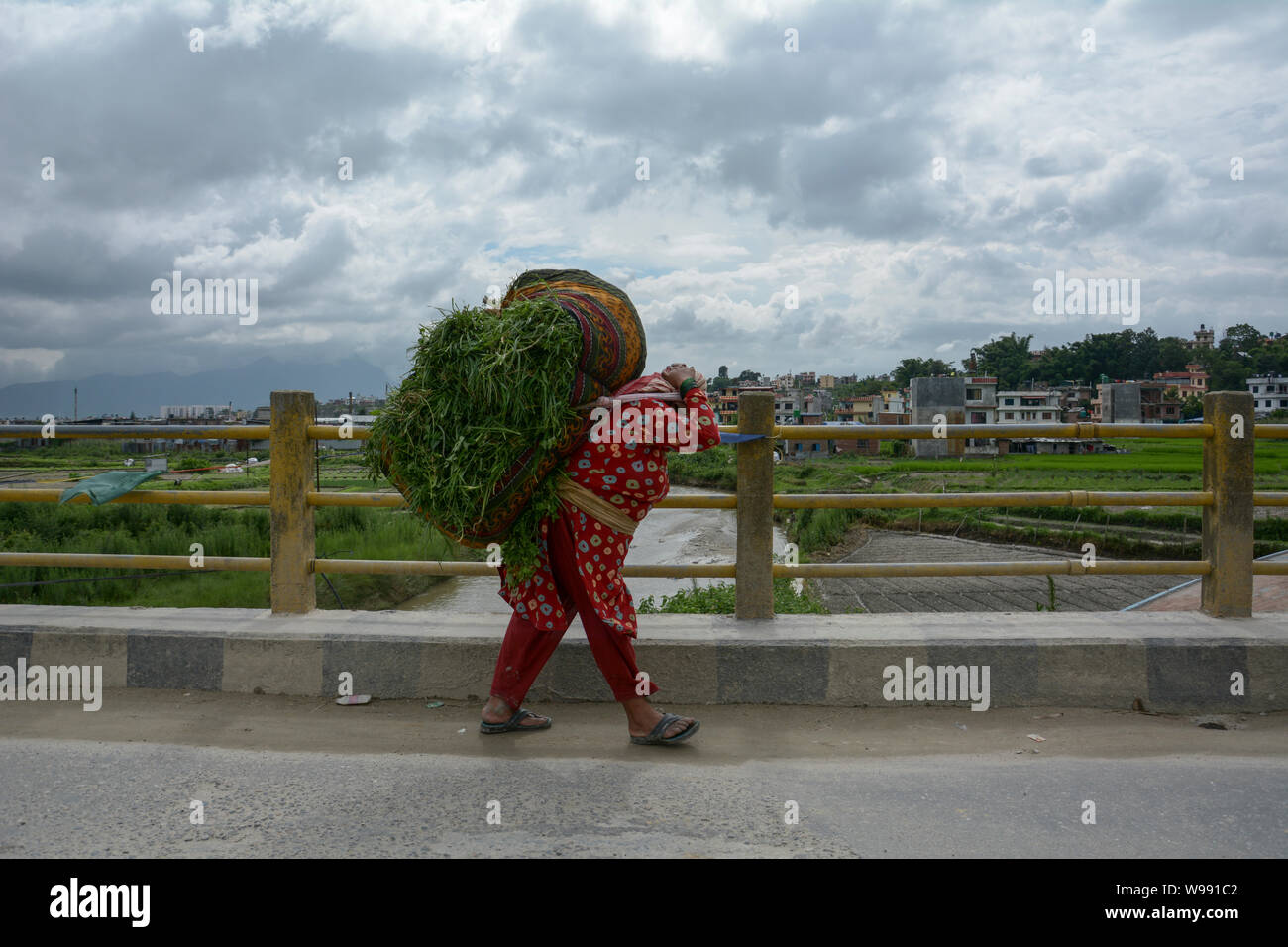 A woman carries load on her back to be taken to a destination on the outskirts of Kathmandu. Stock Photo