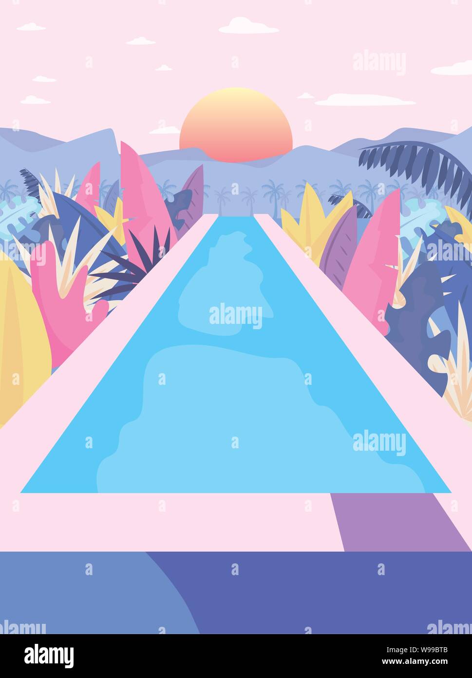 pool-garden-foliage-summer-time-vacations-design-vector-illustration
