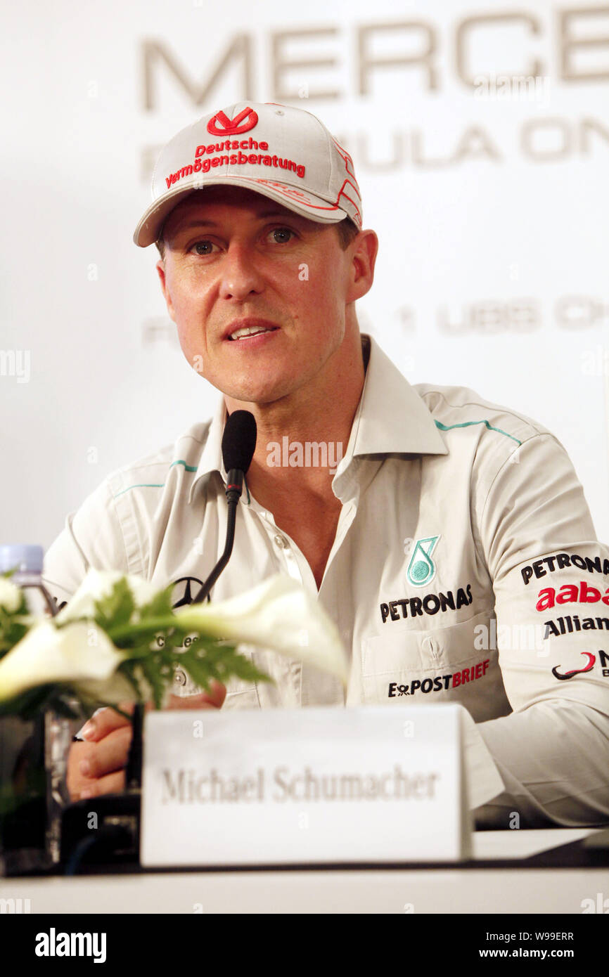 German F1 driver Michael Schumacher of the Mercedes GP team speaks at a ...