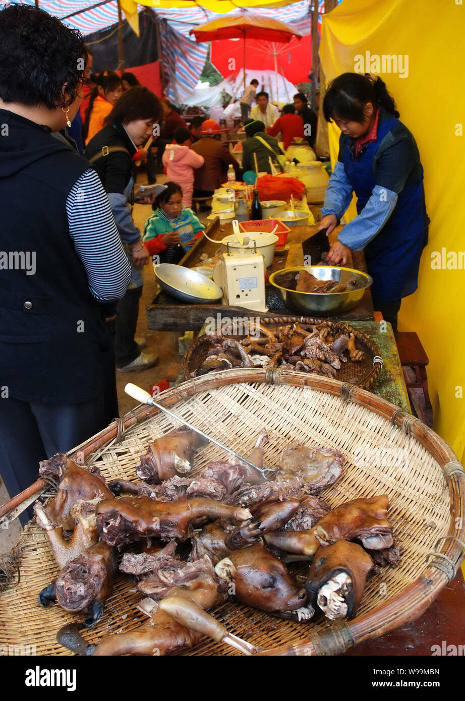 --File--Dog meat is sold at a festival in Huangping, southwest Chinas Guizhou province, 25 October 2008.   Animal activists have scored an unusually s Stock Photo