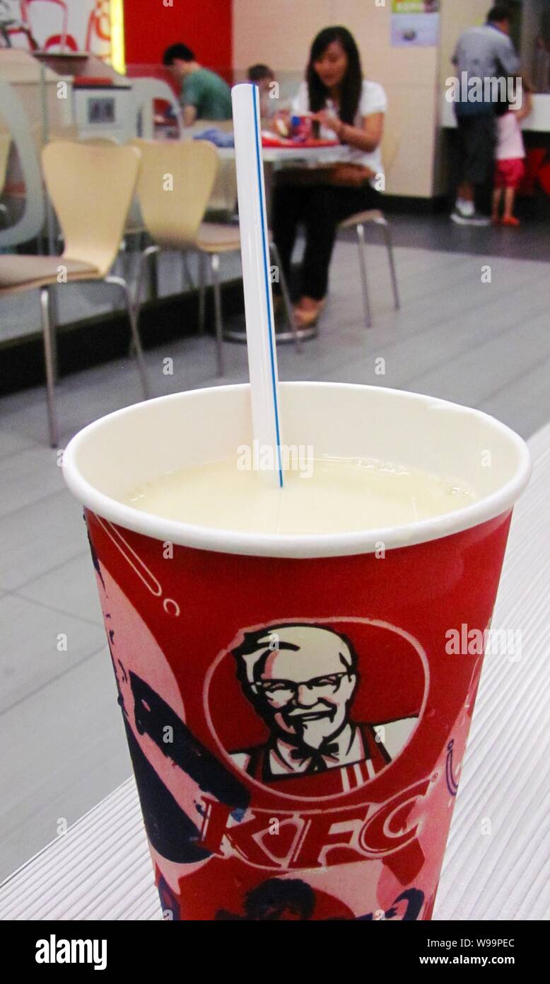 A cup of KFC soybean milk is pictured in a KFC restaurant in Beijing