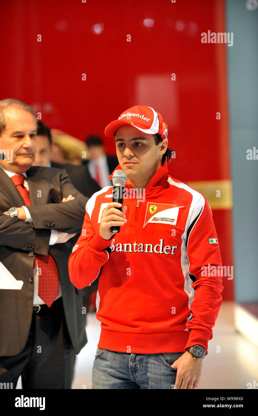 Brazilian F1 driver Felipe Massa of Ferrari speaks during the Chinese premiere ceremony of the Ferrari FF at the 14th Shanghai International Automobil Stock Photo