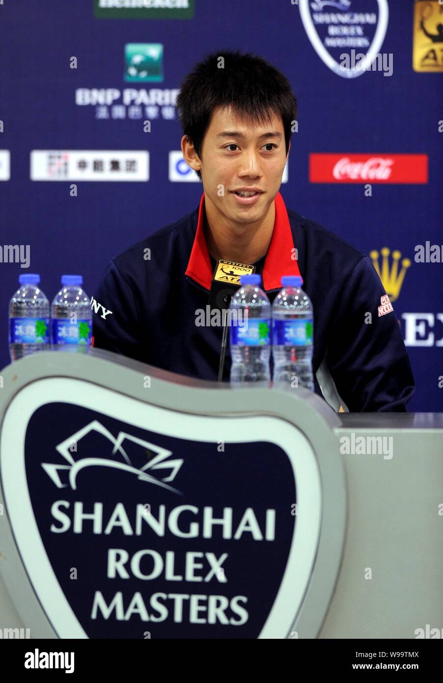 Kei Nishikori of Japan attends a press conference after beating Alexandr Dolgopolov of Ukraine during their quarterfinal match at the 2011 Shanghai Ro Stock Photo