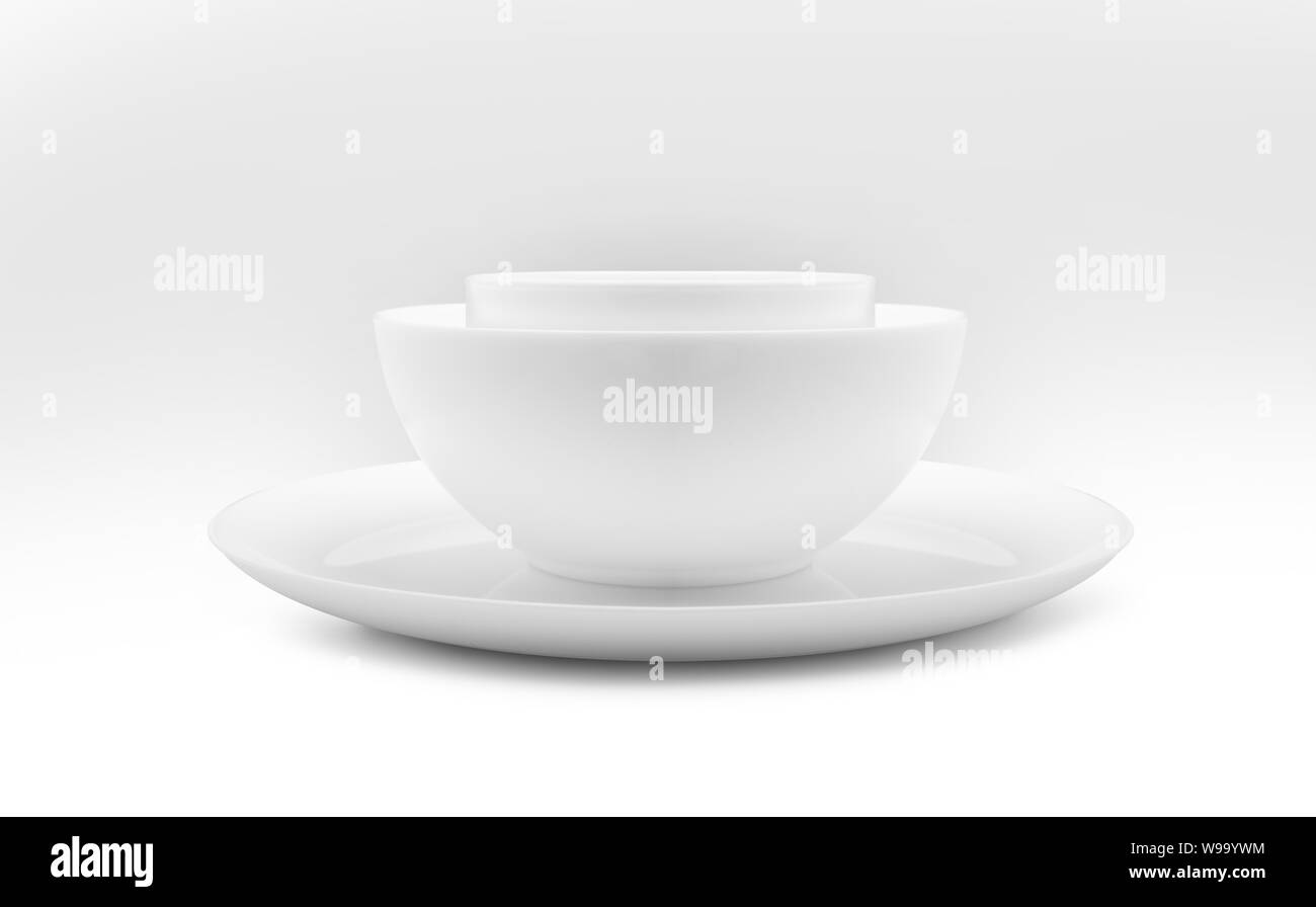 Set of white dishes on table on light background. With clippig path