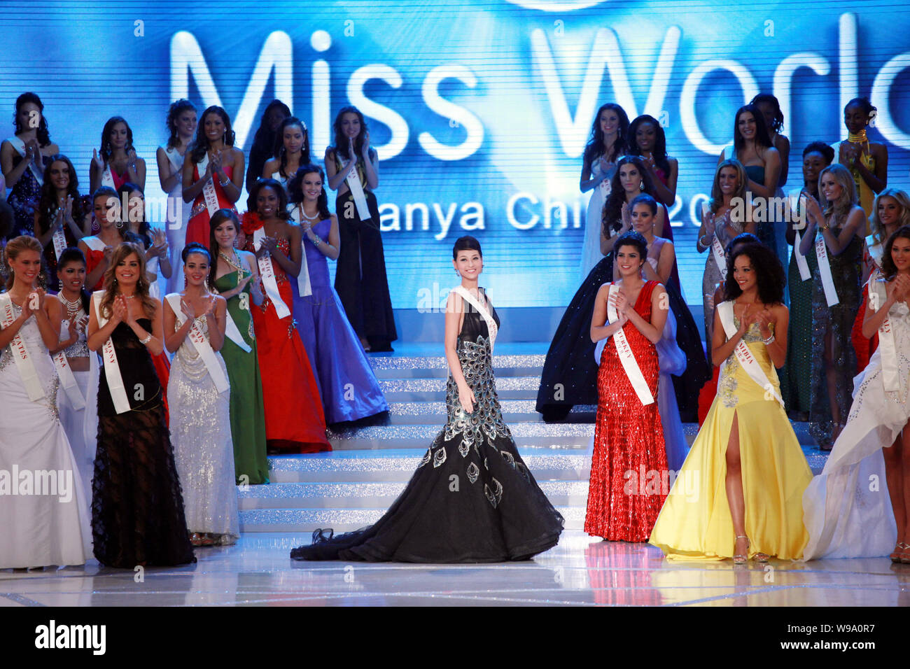 Contestants are seen during final of the Miss World 2010 in Sanya city, south Chinas Hainan province, 30 October 2010.   Teenager Alexandria Mills had Stock Photo
