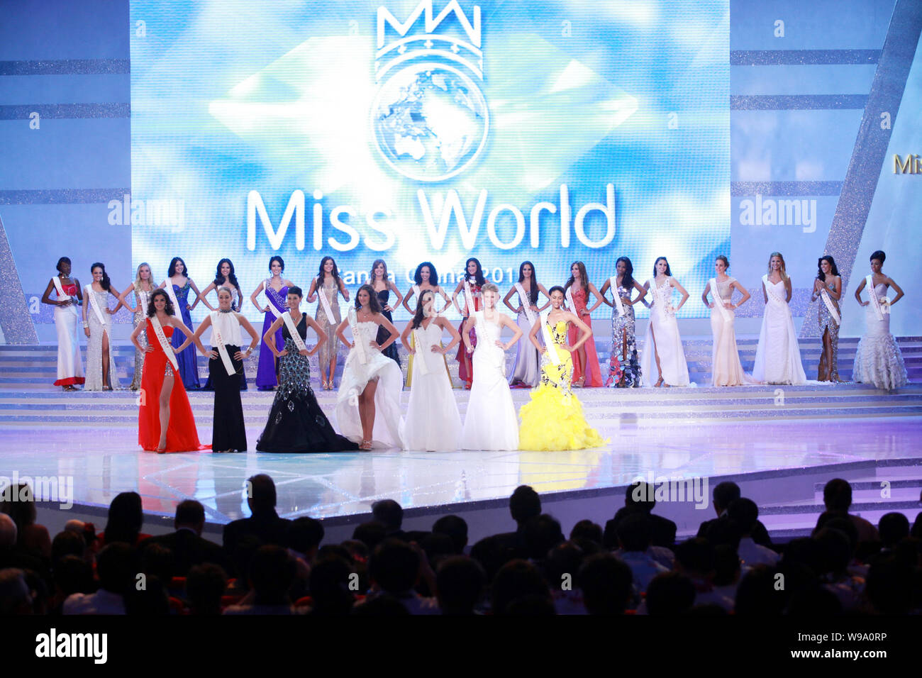 Contestants pose during final of the Miss World 2010 in Sanya city, south Chinas Hainan province, 30 October 2010.   Teenager Alexandria Mills had the Stock Photo