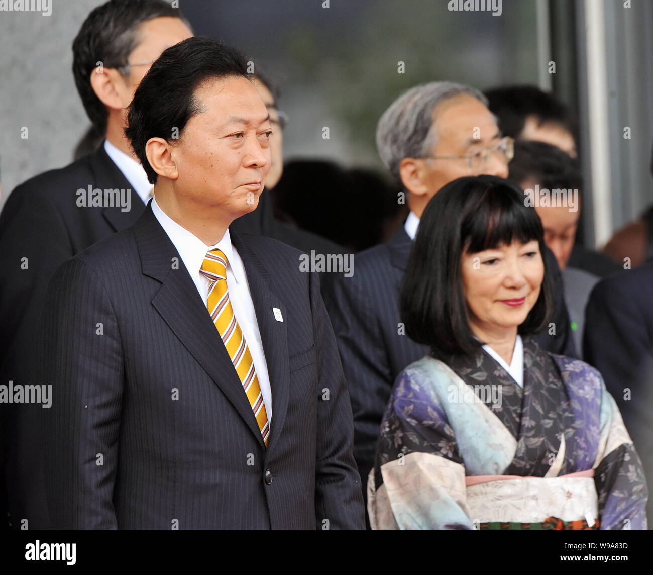 Former Japanese Prime Minister Yukio Hatoyama (L) and wife Miyuki Hatoyama are seen during an event celebrating the Japan Pavilion Day in the Expo sit Stock Photo