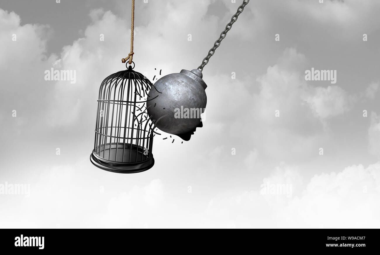 Free your mind as a metal bird cage being opened by a wrecking ball in the shape of a human head as a psychology and powerful thinking concept. Stock Photo