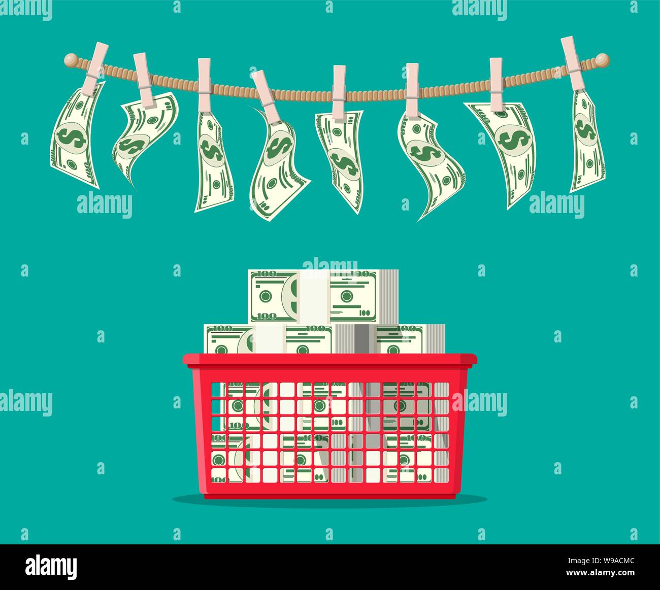 Wet dollar bills hanging on rope attached with clothes pins. Money laundering concept. Dirty money. Hidden wages, salaries black payments, tax evasion, bribe. Anti corruption. Flat vector illustration Stock Vector