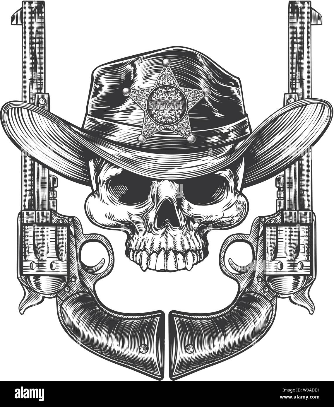 Pistols and Skull with Sheriff Star and Cowboy Hat Stock Vector