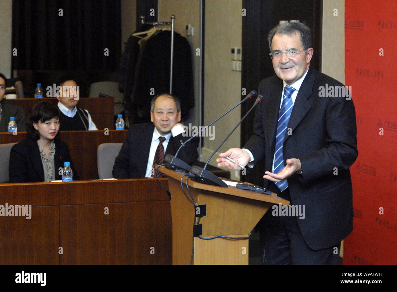 Romano Prodi, former European Commission President and former Italian Prime Minister, speaks during a press conference at CEIBS Lujiazui International Stock Photo