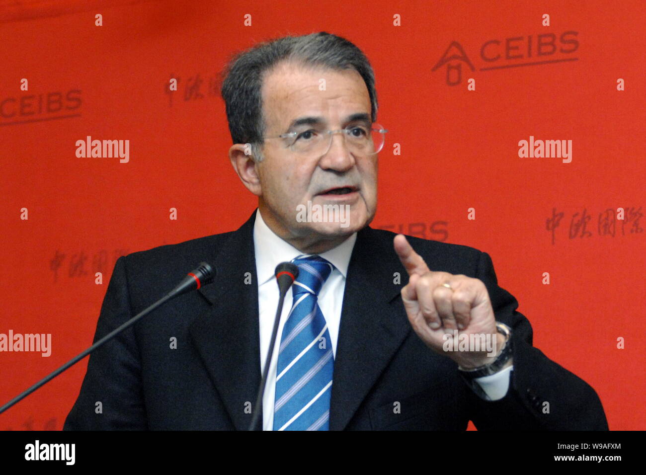 Romano Prodi, former European Commission President and former Italian Prime Minister, speaks during a press conference at CEIBS Lujiazui International Stock Photo