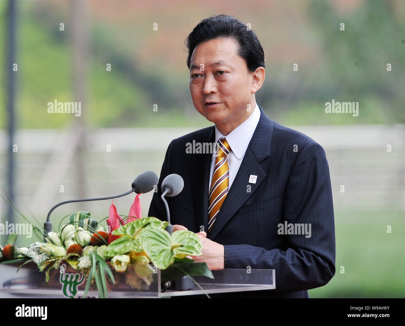 Former Japanese Prime Minister Yukio Hatoyama speaks during an event celebrating the Japan Pavilion Day in the Expo site in Shanghai, China, June 12, Stock Photo