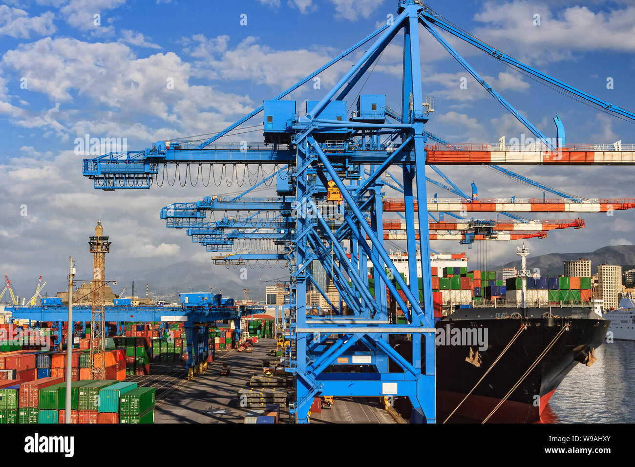 Shipping and container terminal in the port of Genoa , Italy Stock Photo