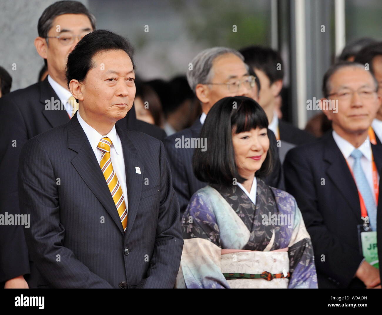 Former Japanese Prime Minister Yukio Hatoyama (L) and wife Miyuki Hatoyama are seen during an event celebrating the Japan Pavilion Day in the Expo sit Stock Photo