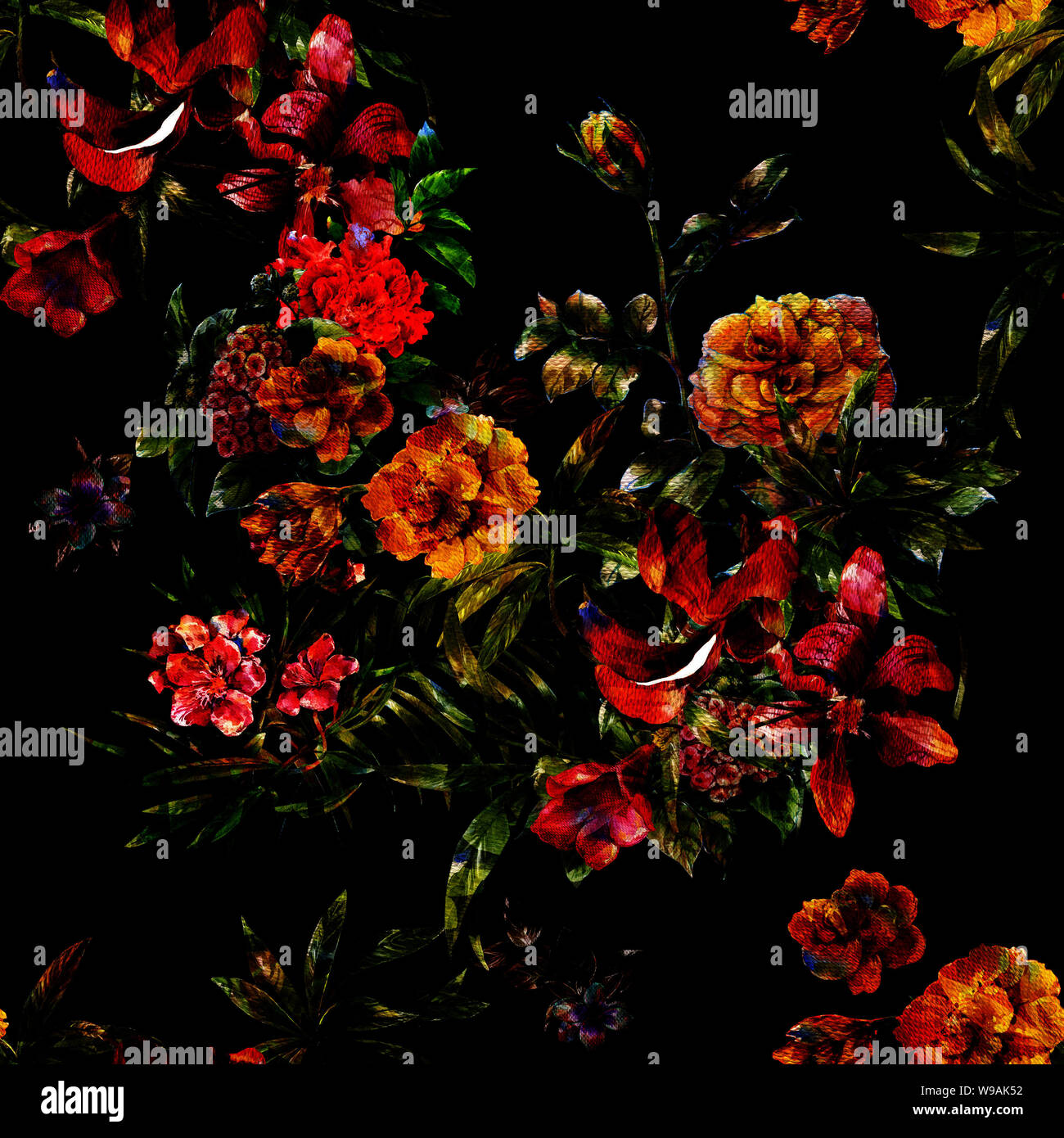Watercolor Painting Of Leaf And Flowers Seamless Pattern On Dark Background Stock Photo Alamy