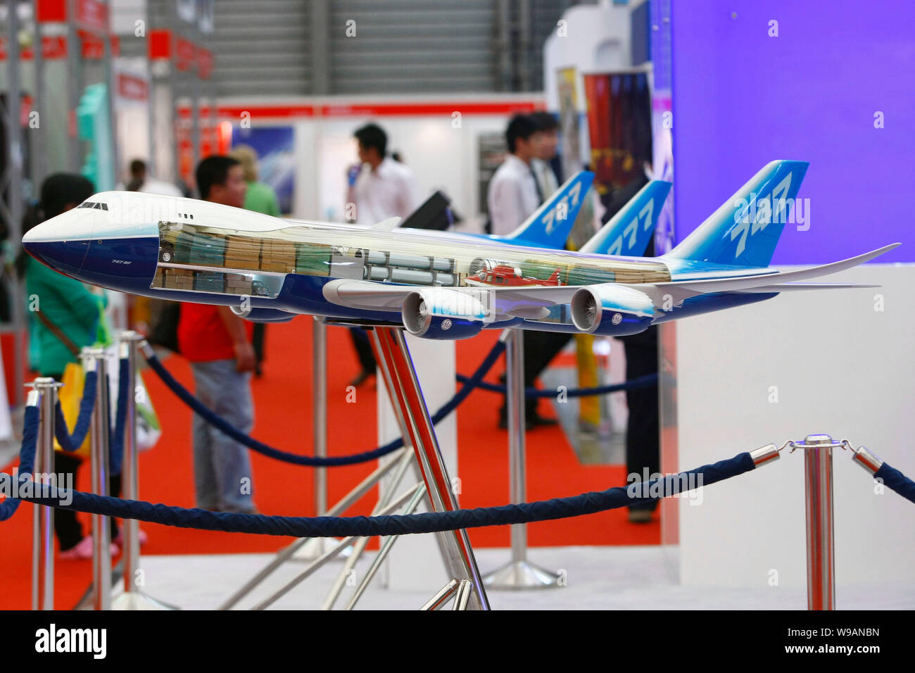 Models of cargo planes are on display at the stand of Boeing Cargo during the Transport Logistic China 2010 in Shanghai, China, June 10, 2010.   The T Stock Photo