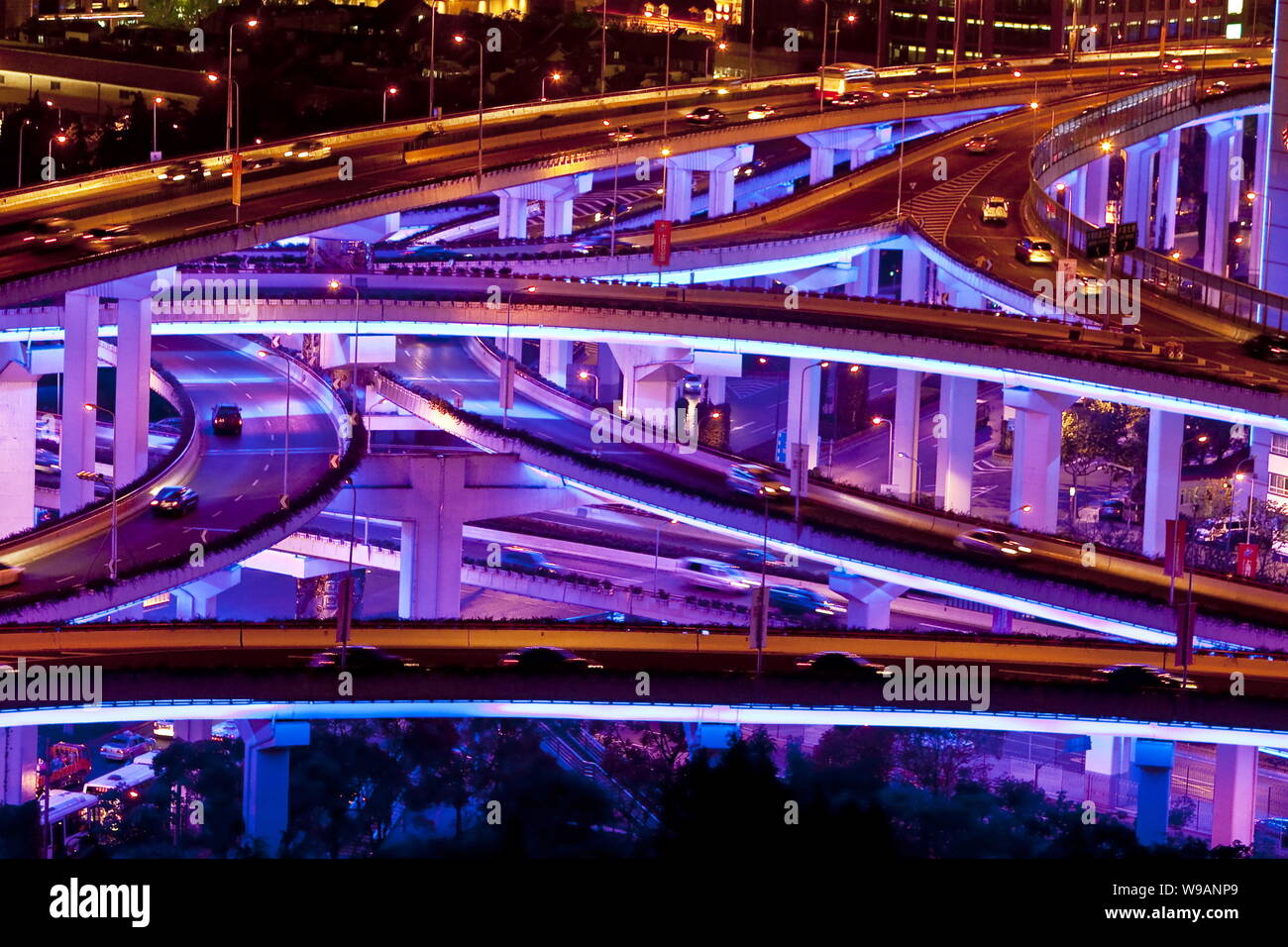 Night view of the Yanan Road elevated highways in Shanghai, China, 10