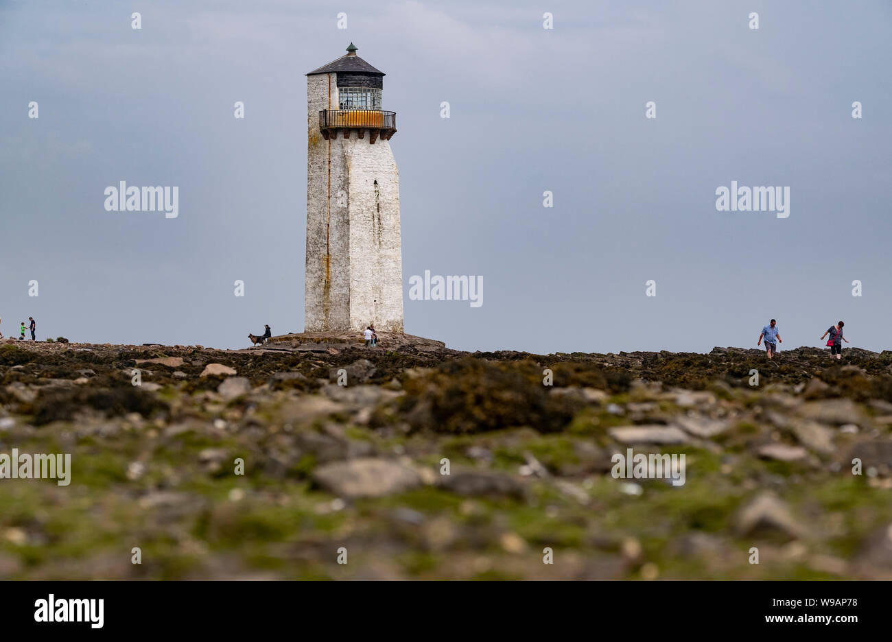 A view of the famous lighthouse at Southerness on the Solway Firth, Scotland.  The lighthouse is the second oldest in Scotland. Stock Photo