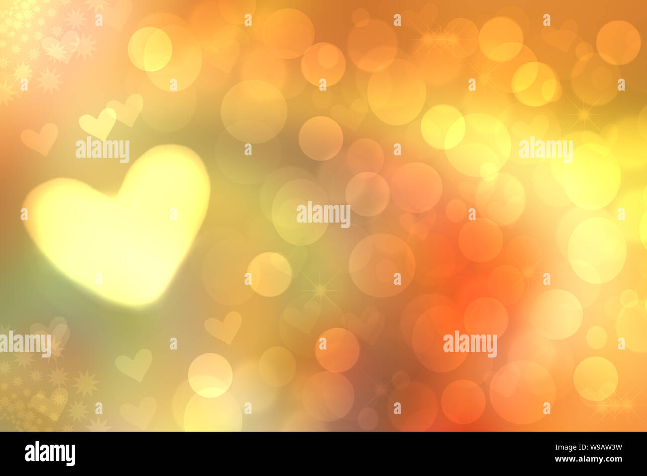 Abstract festive blur bright yellow orange pastel background with yellow hearts love bokeh for Mothers day, valentine or wedding card. Space for desig Stock Photo