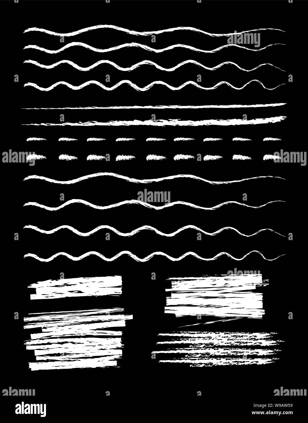 Chalk marker style hand drawn lines set illustration. Collection of wavy, dashed and straight