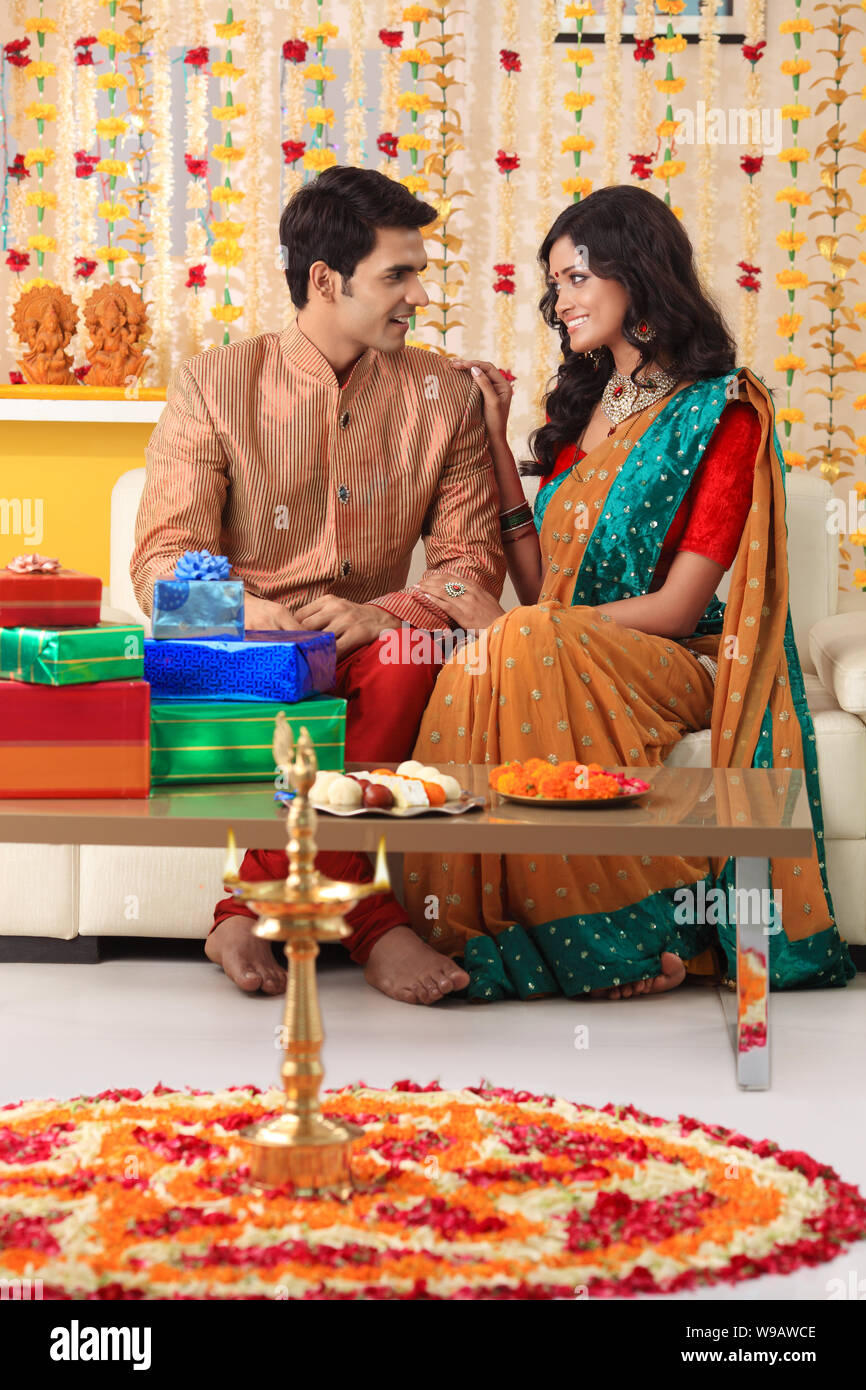 Young couple celebrating Diwali Stock Photo