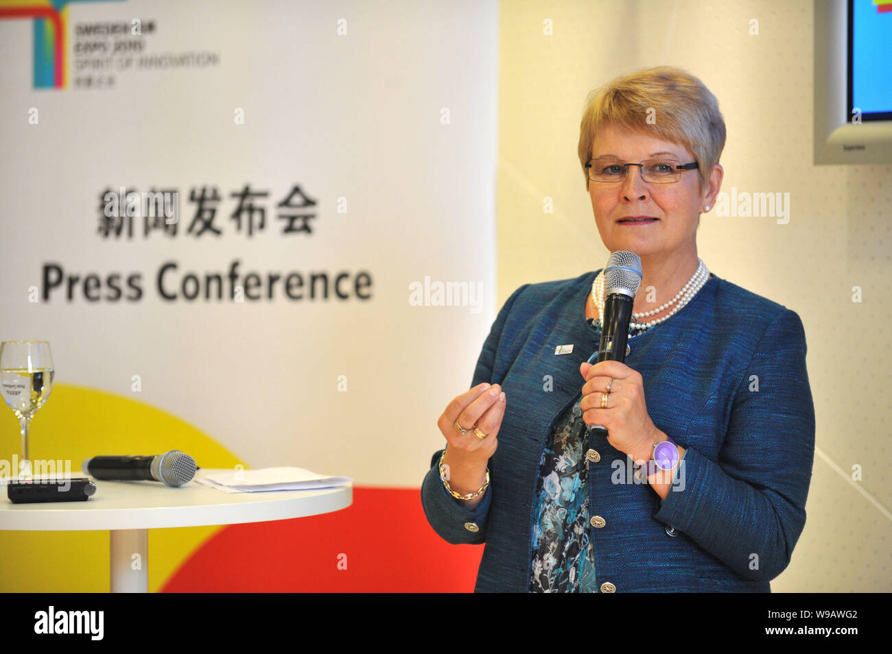 Swedish Deputy Prime Minister Maud Olofsson speaks during a press conference at the Sweden Pavilion in the Expo site in Shanghai, China, May 23, 2010. Stock Photo
