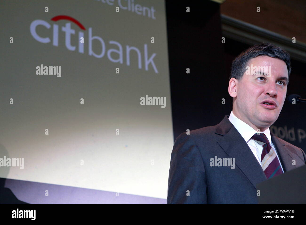 Jonathan Larsen, Head of Consumer Banking and Global Cards for Asia Pacific of Citigroup Inc, speaks at a press conference of Citibank in Shanghai, Ch Stock Photo