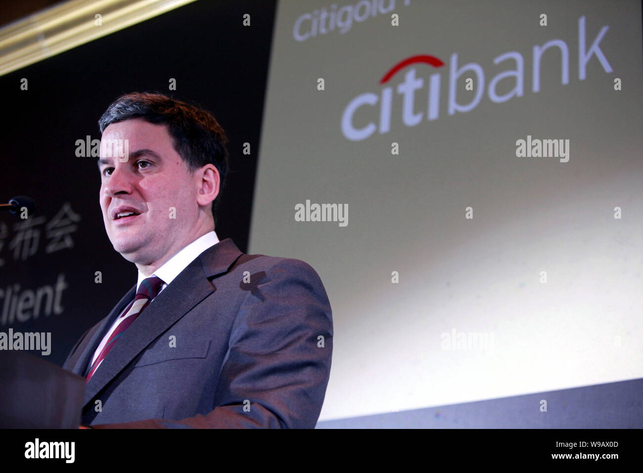 Jonathan Larsen, Head of Consumer Banking and Global Cards for Asia Pacific of Citigroup Inc, speaks at a press conference of Citibank in Shanghai, Ch Stock Photo