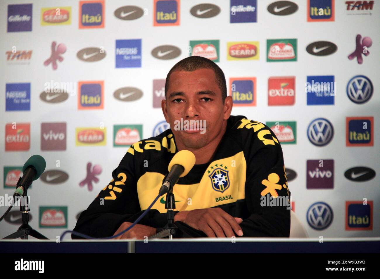 Gilberto Silva of Brazil answers questions during a press conference in Johannesburg, South Africa, June 9, 2010. Stock Photo