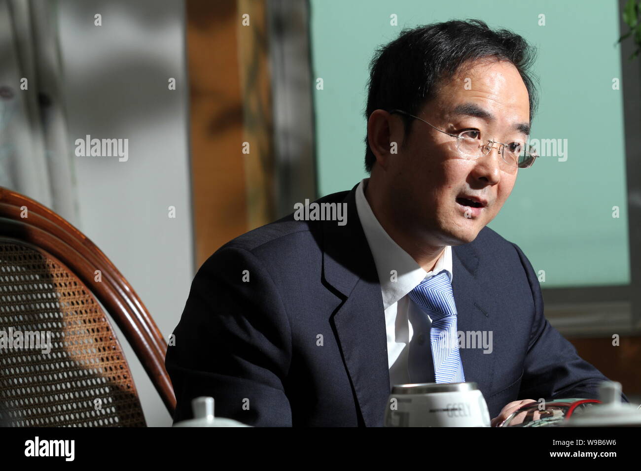 An Conghui, Vice President of Geely Holding Group and General Manager of Zhejiang Geely Automobile Co., Ltd., speaks during an interview at the headqu Stock Photo