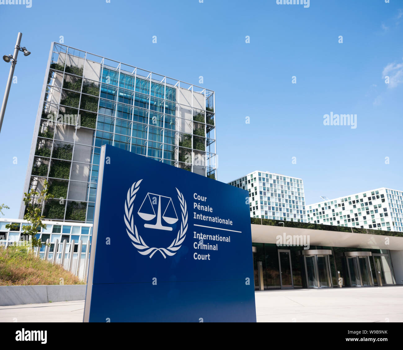 The Hague, Netherlands, 10 august 2019: international criminal court in dutch town of Den Haag under blue sky in summer Stock Photo
