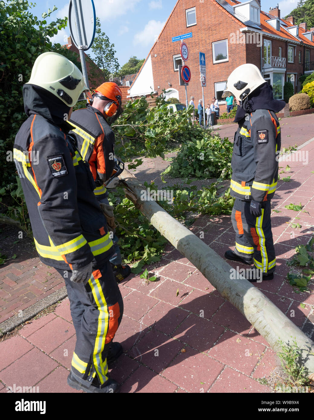 voorschoten, netherlands, 10 august 2019: firefighters remove fallen tree in dutch town on Voorschoten in the netherlands after summer storm Stock Photo