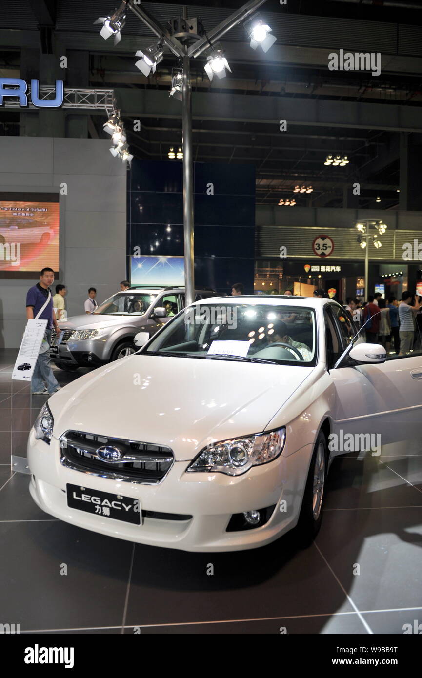 --FILE-- A Subaru Legacy is on display during an auto show in Chongqing, China, August 10, 2009.   Japanese auto maker Subaru has announced to recall Stock Photo