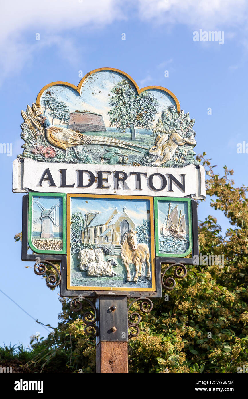 Village sign Alderton, Suffolk, England, UK Stock Photo Alamy