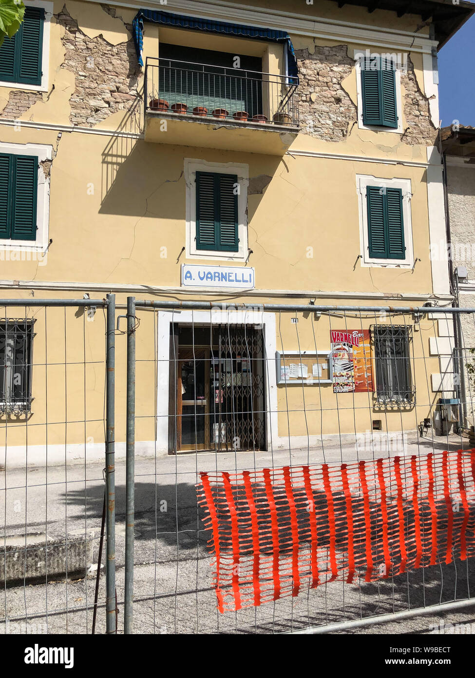 Pievebovigliana, now part of the municipality of Valfornace, was a town in the Marches that was badly hit by the 2016 earthquake. Since then, almost all the inhabitants have been homeless, living in the small houses offered by the Italian State. These photos, taken in August 2019, show how after 3 years in the area there are still red areas, dangerous areas cause imminent collapse, and how the reconstruction is put to the test by the bureaucracy and the difficulty of restoring historic homes, Italy, on August 12 2019 Stock Photo
