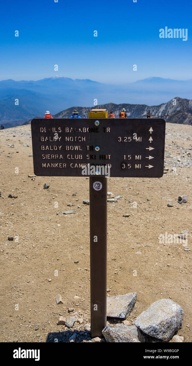 Marker, signage on top of Mount Baldy, California, USA Stock Photo
